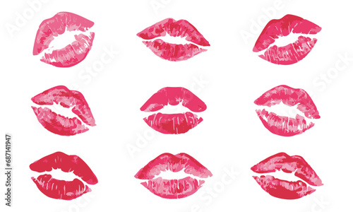 Set imprint kiss lips on isolated background. Realistisch vector kiss in pink color. Human lips. Vector EPS 10