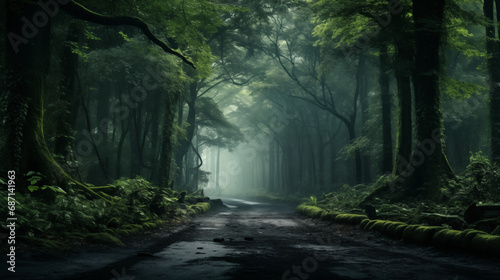 Mystic Pathway: Fog-Enshrouded Forest Road at Dawn © heroimage.io