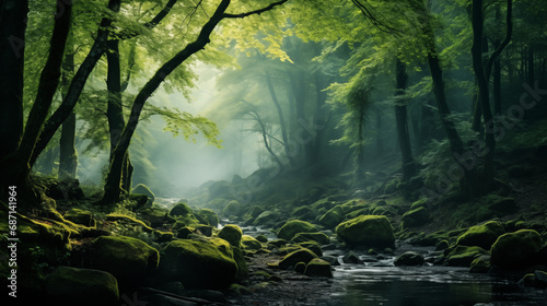 Whispers of Dawn: A Misty Stream Through an Ancient Forest