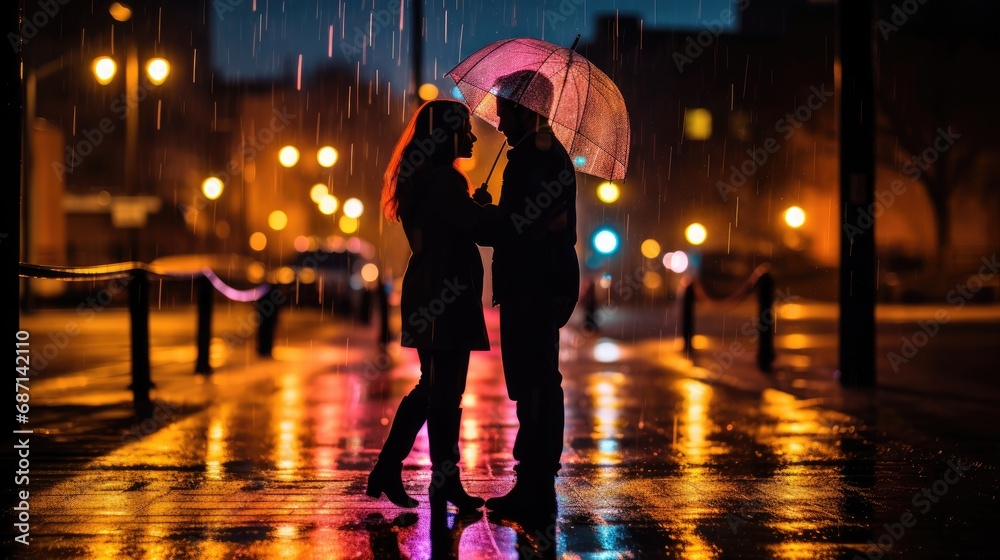 A couple stands close under a transparent umbrella, engaged in a loving gaze on a rainy evening with city lights casting a warm glow.