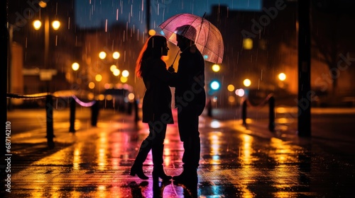 A couple stands close under a transparent umbrella, engaged in a loving gaze on a rainy evening with city lights casting a warm glow.
