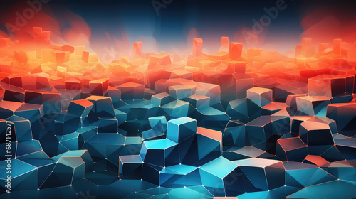 A pile of blue futuristic cubes with orange burn create an abstract wallpaper. photo