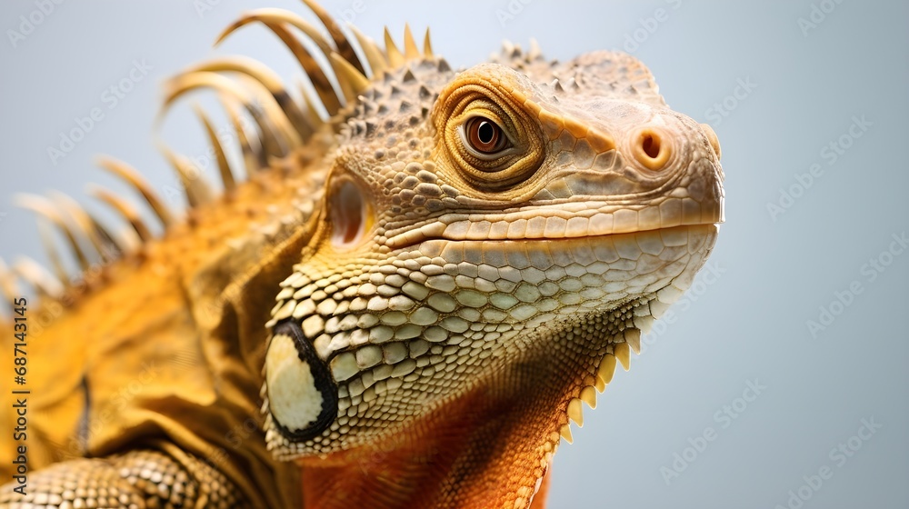 Fototapeta premium Close-up portrait of an iguana against white background, highly detailed, background image, AI generated