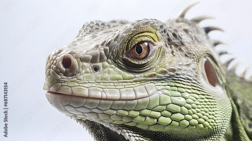 Obraz premium Close-up portrait of an iguana against white background, highly detailed, background image, AI generated