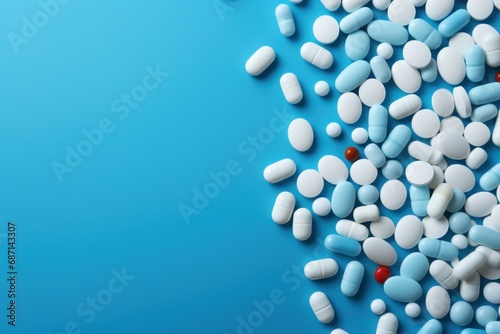 Different pills on blue background, flat lay