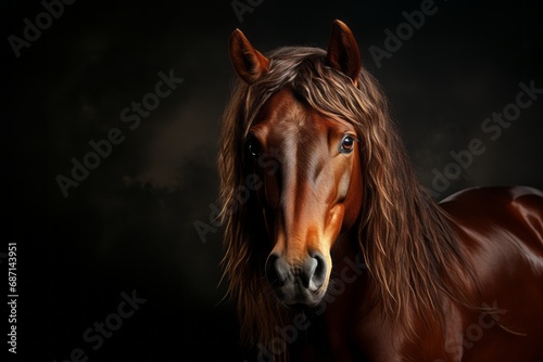 painting of a tall brown horse with a long mane, in moody cut-off style