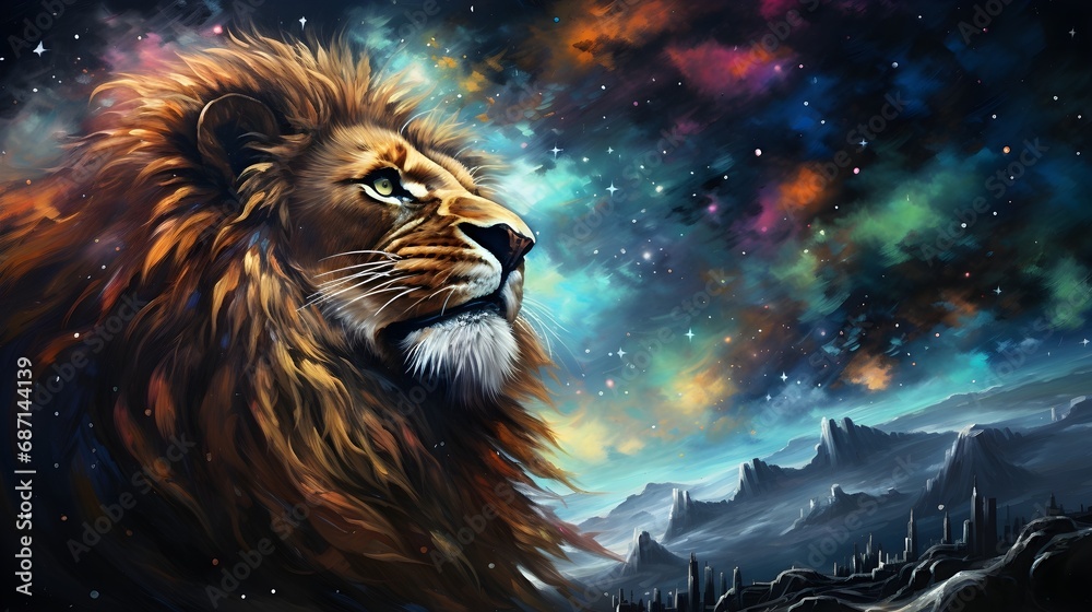 Painting of a majestic Lion with high quality, highly detailed, background image, AI generated