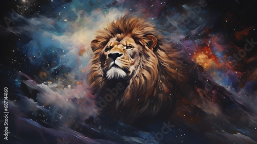 Painting of a majestic Lion with high quality, highly detailed, background image, AI generated