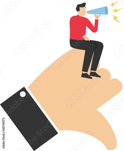 Discrediting or blaming others, bad businesswoman with megaphone discrediting and blaming others with thumbs down symbol, intimidating and despairing, fake news or negative feedback concept.

