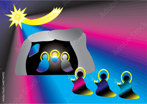 Abstract Christmas scene with Baby Jesus, Mary and Joseph in cave, adoration of three Kings and Star of Bethlehem - abstract graphics, illustration. Topics: occasion, history, religion, faith, card