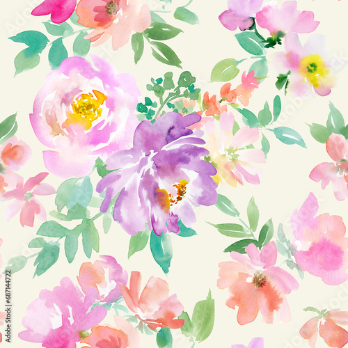 Fototapeta Naklejka Na Ścianę i Meble -  水彩で描いたピンクと紫のペオニーと草花のシームレスパターン	
