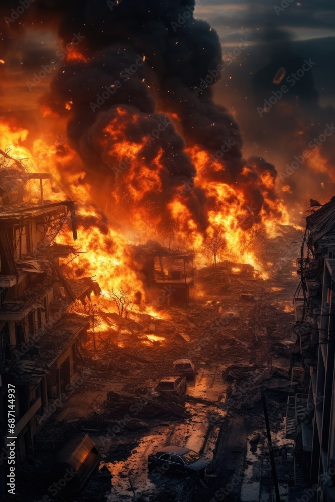A large fire is raging through a city, causing chaos and destruction. This intense and dramatic image captures the devastating impact of the fire.