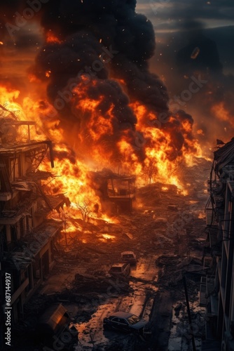 A large fire is raging through a city, causing chaos and destruction. This intense and dramatic image captures the devastating impact of the fire.