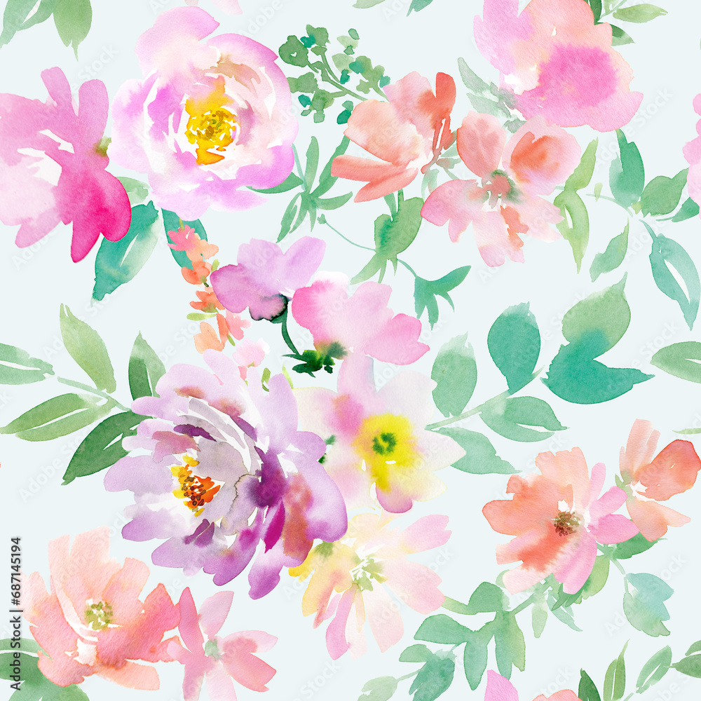 水彩で描いたピンクと紫のペオニーと草花のシームレスパターン