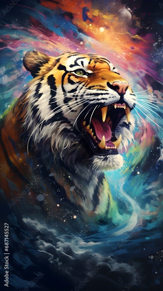 Painting of a roaring majestic Tiger with high quality, background image, AI generated