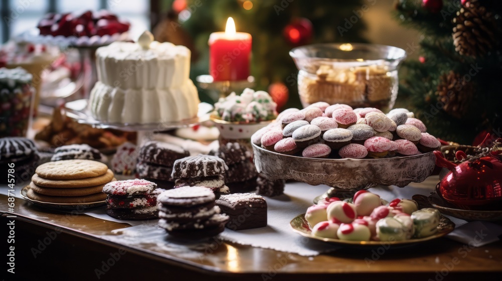 Christmas dessert table adorned with various cakes, cookies, and candies, creating a festive and indulgent atmosphere.