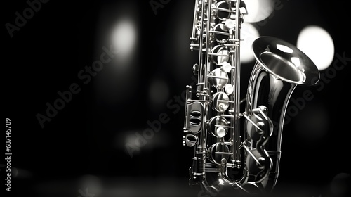 Close-up image of a saxophone in monochrome, background image, AI generated