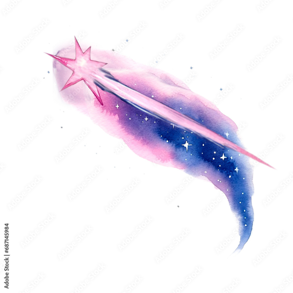 Watercolor Shooting star clipart, magical watercolor falling star illustration, watercolor texture art, starry sky, colorful nightsky, meteorite illustration for children - obrazy, fototapety, plakaty 