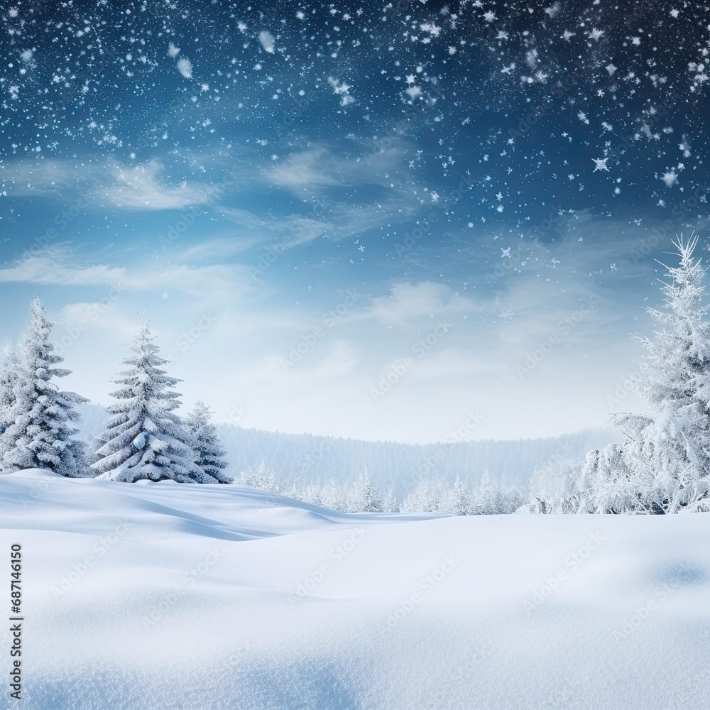 Beautiful background image of light snowfall falling over of snowdrifts.