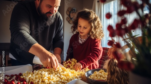 a family in a cozy kitchen  preparing food together  with a focus on a bowl of popcorn and cranberries.