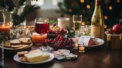 a festive table setting with an array of food and drinks  creating a warm and inviting holiday atmosphere.