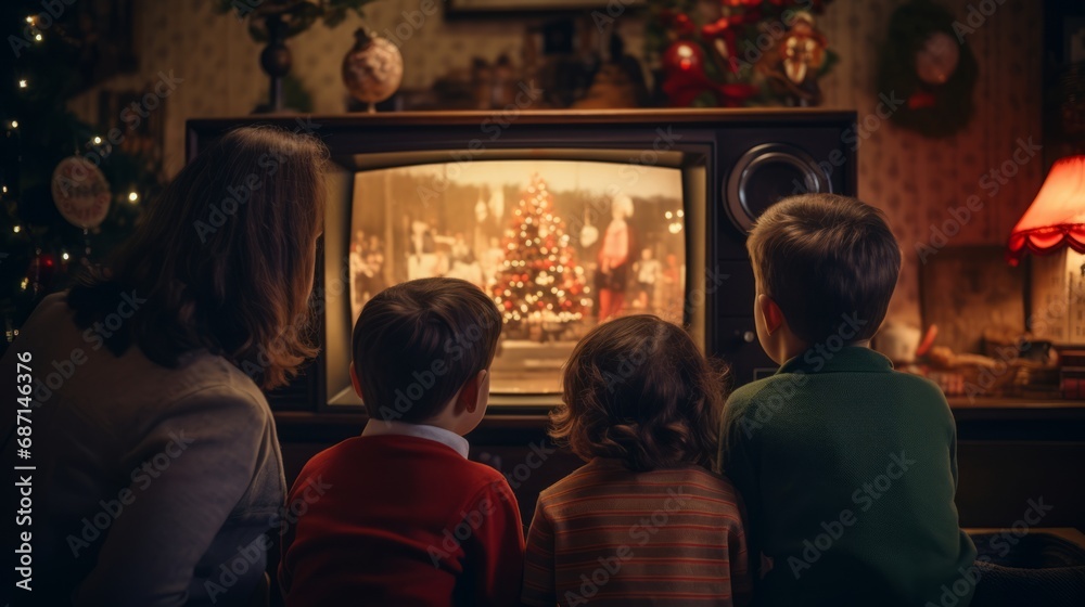 a Christmas movie on a vintage television in their cozy living room, adorned with festive decorations.