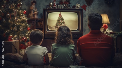 a nostalgic scene of a family watching a Christmas tree on a vintage TV in a living room decorated for the holidays.
