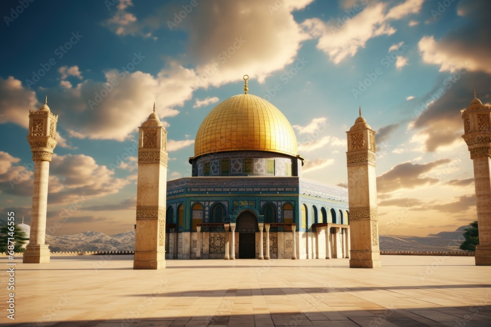 The picture features the iconic Dome of the Rock situated in the center of a serene courtyard. This image can be used to depict religious sites or historical landmarks.