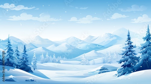 Winter snow and illustration with pine trees and clear sky Created with generative Ai