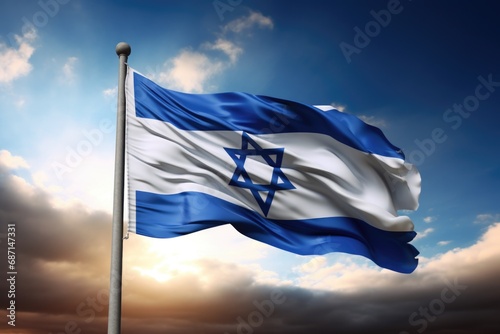 An Israeli flag blowing in the wind on a cloudy day. Can be used to represent patriotism, national pride, or as a symbol of Israel. photo