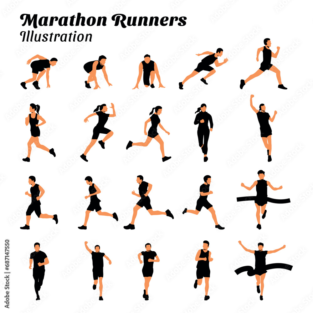 Collection of flat illustrations of marathon runners.