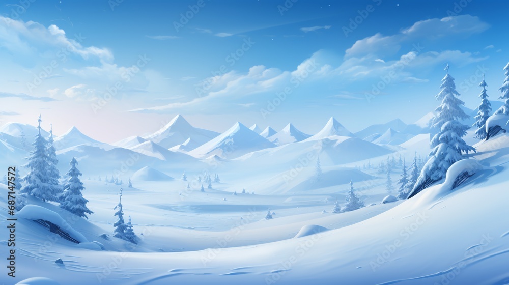 Winter snow and illustration with pine trees and clear sky Created with generative Ai