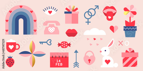 Set of geometric romantic elements for Valentine's Day.Vector graphics for advertising brochures, banners, magazine design, books and more.