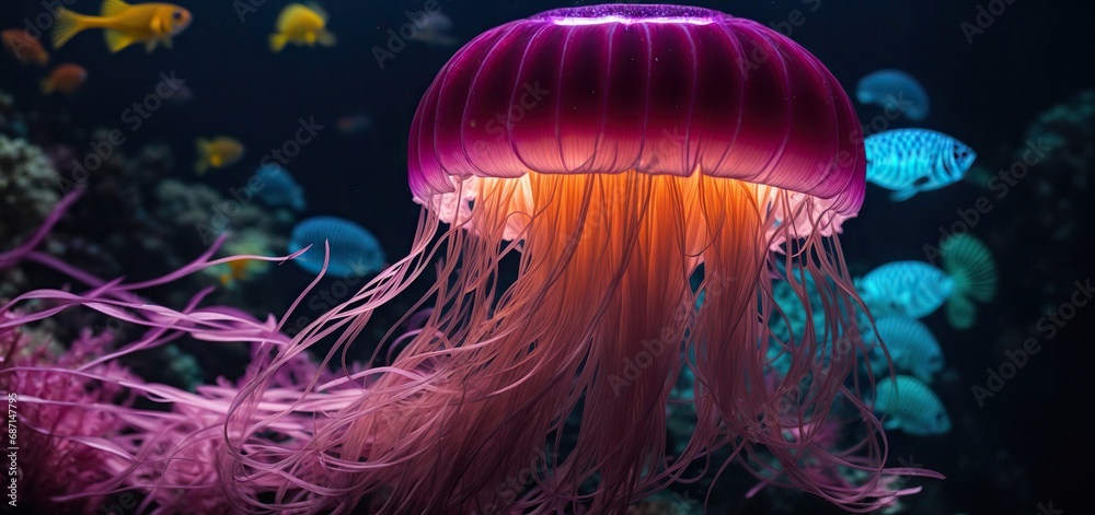 Obraz premium jelly fish in the aquarium.neon jellyfish glows in the depths of a dark aquarium, its tendrils pulsing with vibrant colors