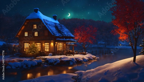 A moonlit night, snow covered landscape with very slow flowing river, overhanging tree branches with colourful leaves, A small farm cottage with candels in window and snow on the roof, 8k, sharp focus photo