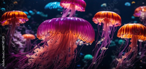 jelly fish in the aquarium.neon jellyfish glows in the depths of a dark aquarium, its tendrils pulsing with vibrant colors © LIFE LINE
