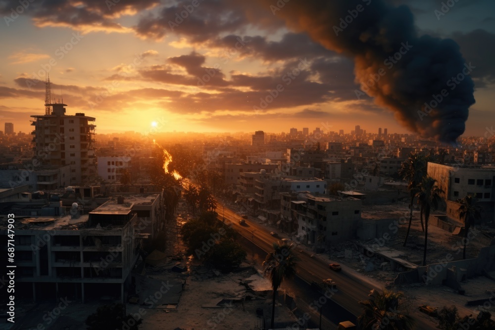 A stunning image of the sun setting over a cityscape with smoke billowing out. Perfect for illustrating urban landscapes and environmental issues A stunning image of the sun setting over a cityscape with smoke billowing out. Perfect for illustrating urban landscapes and environmental issues