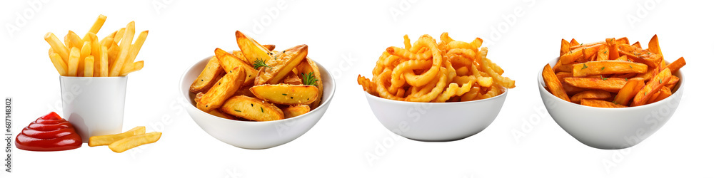 Set of Various French Fries Including Classic, Potato Wedges, Curly, and Spicy on Transparent Background - obrazy, fototapety, plakaty 