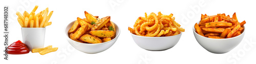 Set of Various French Fries Including Classic, Potato Wedges, Curly, and Spicy on Transparent Background