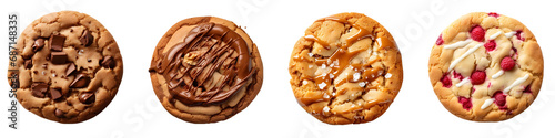 Set of Chocolate Chip, Nutella, Caramel, and Raspberry Cookies on Transparent Background