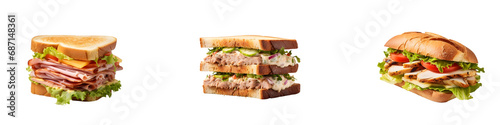 Set of Various Sandwiches Including Ham and Cheese, Tuna, and Chicken on Transparent Background