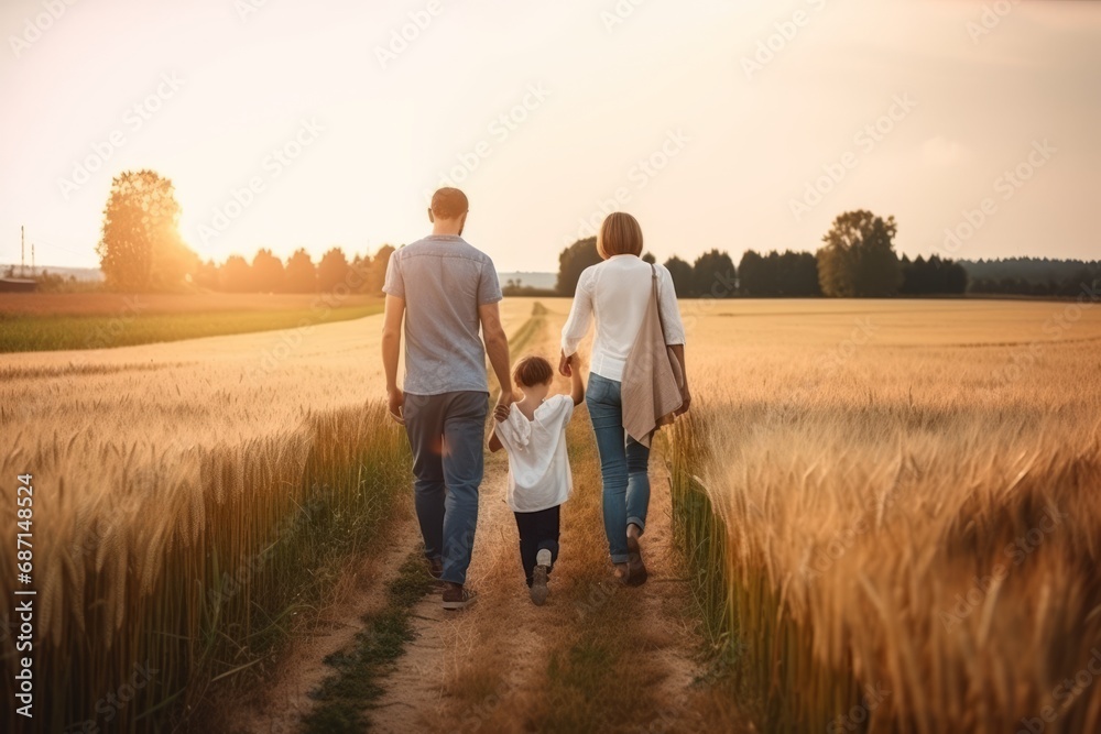 Family with child, view from the back, strolling and walking in a green field. Family bonding, outdoor leisure, and joy of spending quality time together in nature.