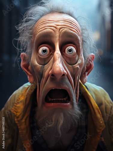 a old wrinkled with big eyes looking scared in front of him, mouth wide open. Generative AI © dhansu