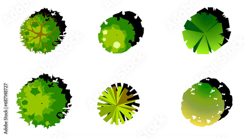 Set of vector drawings illustrating a tree's floor plan or top view of a tree, with shadows used for illustration and decoration in drawings, suitable for libraries of architecture and interior design