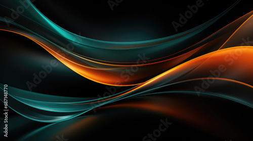 Smooth green, cyan, blue, orange and black waves flow in a tranquil purple background, abstract design with a vibrant gradient.
