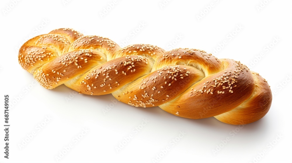 Homemade braided bread with sesame seeds isolated on solid white color background. Traditional Shabbat challah
