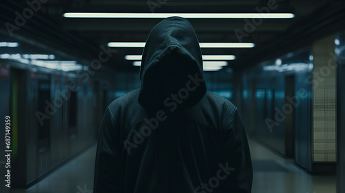 a very creepy man with a hoodie on over his head in a empty subway photo