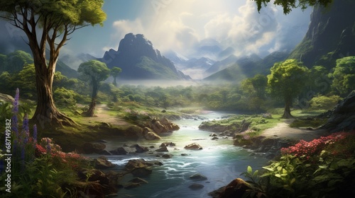 a valley surrounded by dense forests, its calm river reflecting the lush greenery against a pristine white backdrop, inviting viewers to immerse themselves in nature's embrace.