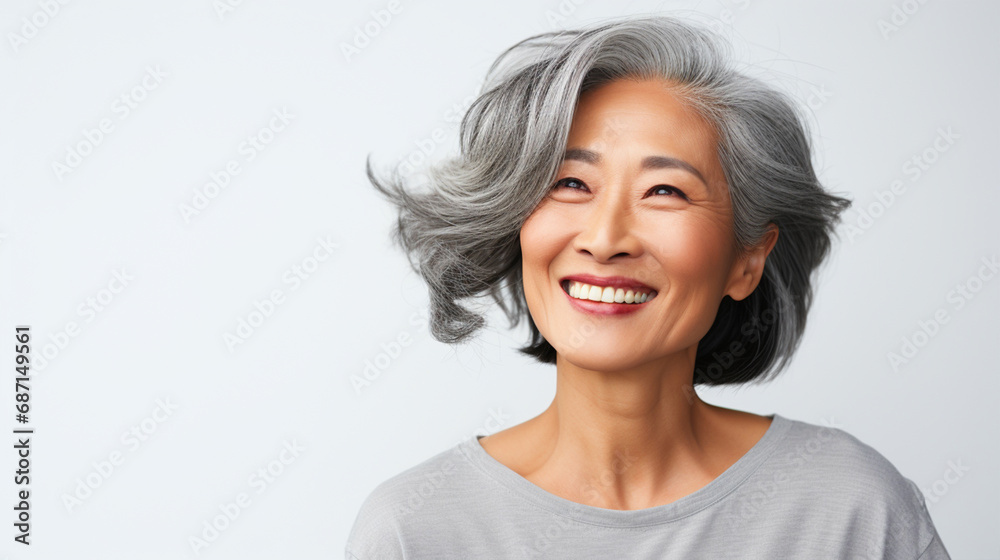 Smiling old asian woman portrait on isolated background - ai generative - obrazy, fototapety, plakaty 