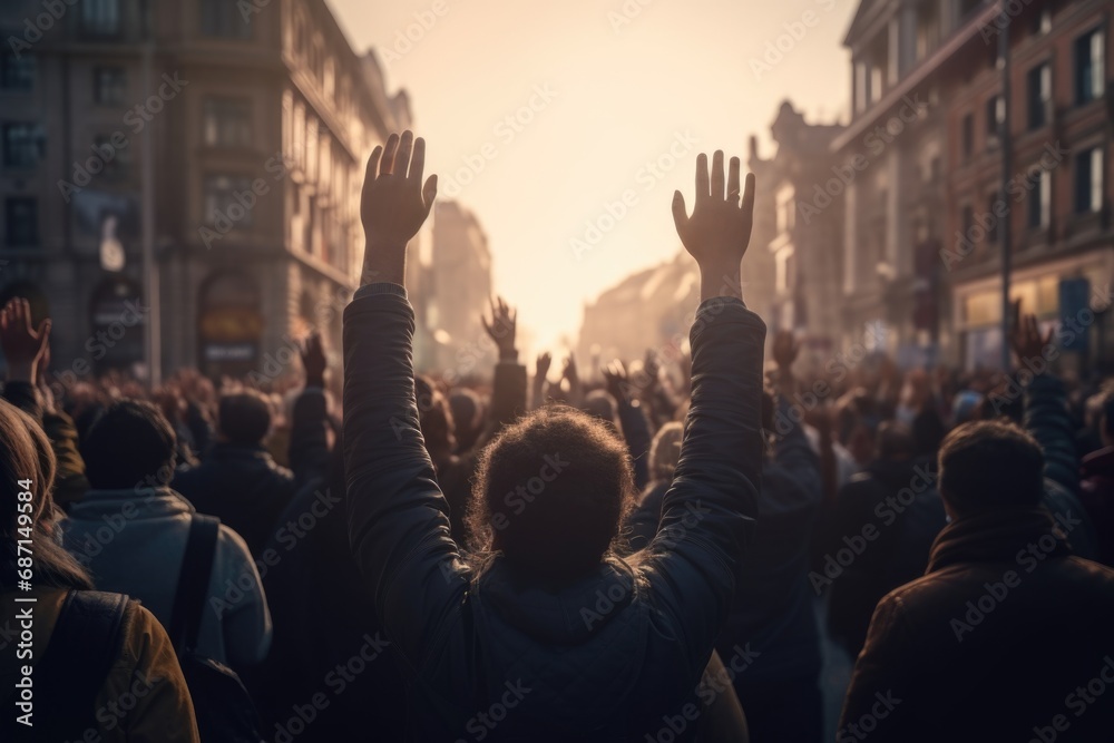 A lively gathering of people raising their hands in the air. Perfect for capturing the energy and enthusiasm of a crowd. Ideal for use in event promotions, concerts, and social gatherings